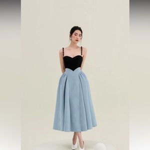 NWT Statement midi flare dress by CICI - ribbed velvet with black “pearl” straps